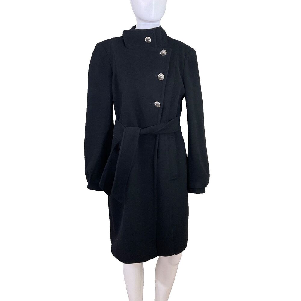 TAHARI 100% Wool Trench Coat belted women’s size 2 black silver tone buttons